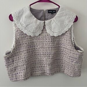 Sister Jane Cropped Sleeveless Tweed Blouse Embroidered Collar XL